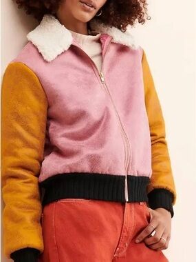 Hutch Pink & Mustard Colorblock Faux-Shearling Bomber Jacket